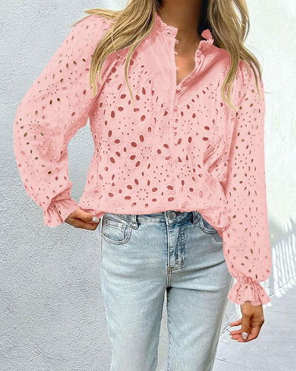 PRETTYGARDEN Casual Lace Blouse – Long Sleeve V-Neck Button-Up Shirt
