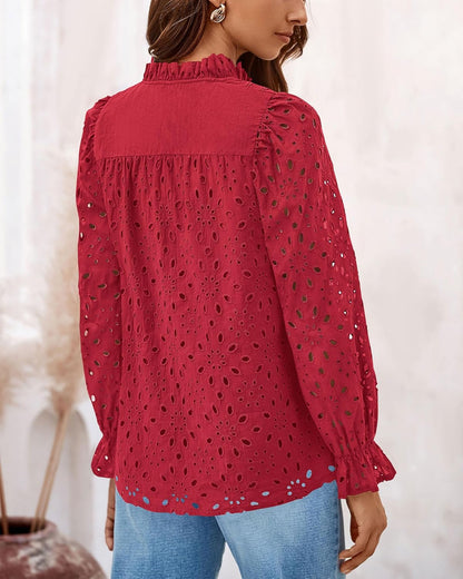PRETTYGARDEN Casual Lace Blouse – Long Sleeve V-Neck Button-Up Shirt