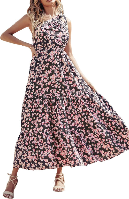 PRETTYGARDEN Women's Floral Maxi Dress – One Shoulder Ruffle Beach Dress