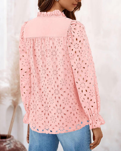 PRETTYGARDEN Casual Lace Blouse – Long Sleeve V-Neck Button-Up Shirt