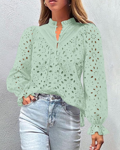 PRETTYGARDEN Casual Lace Blouse – Long Sleeve V-Neck Button-Up Shirt