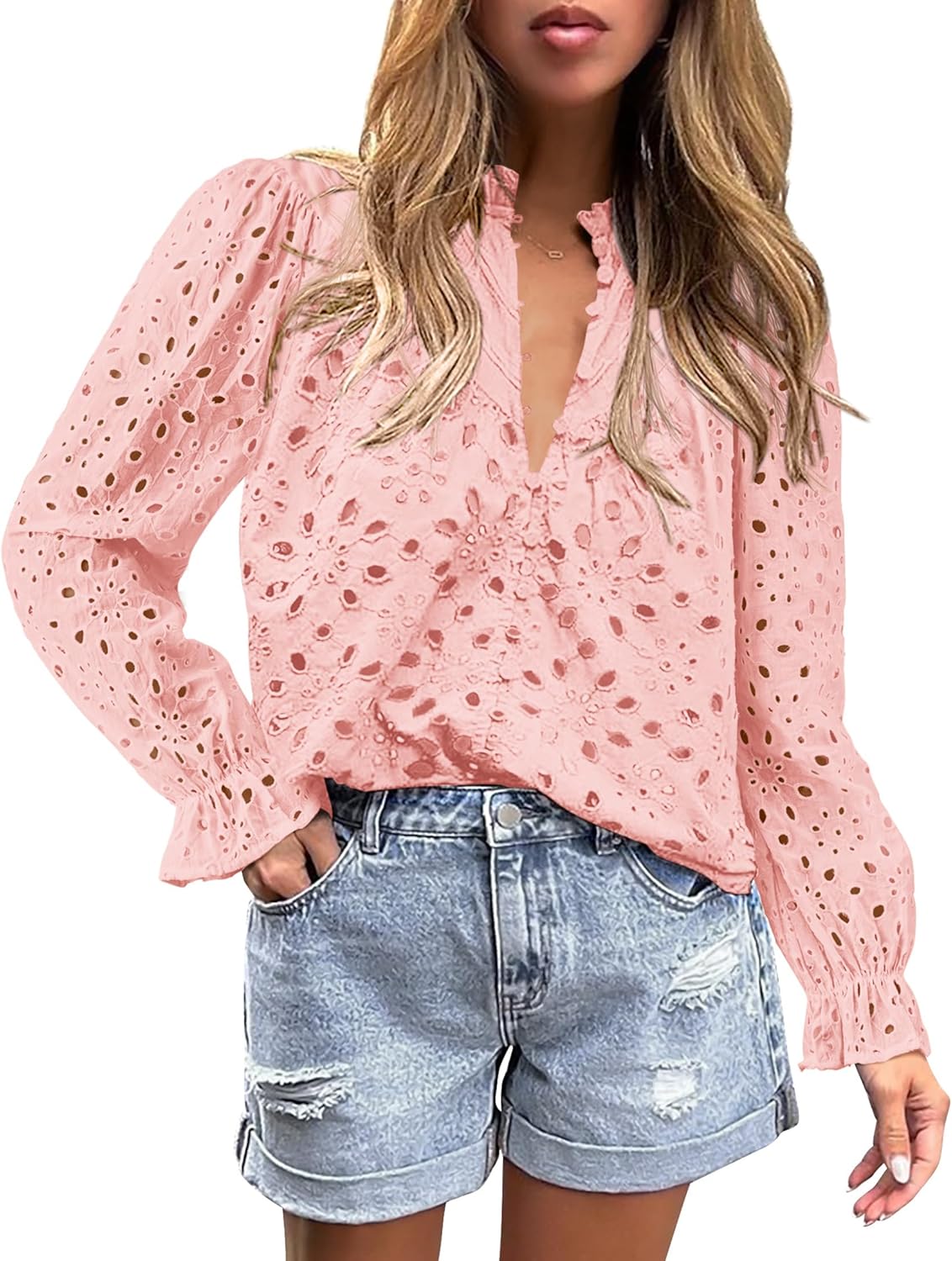 PRETTYGARDEN Casual Lace Blouse – Long Sleeve V-Neck Button-Up Shirt