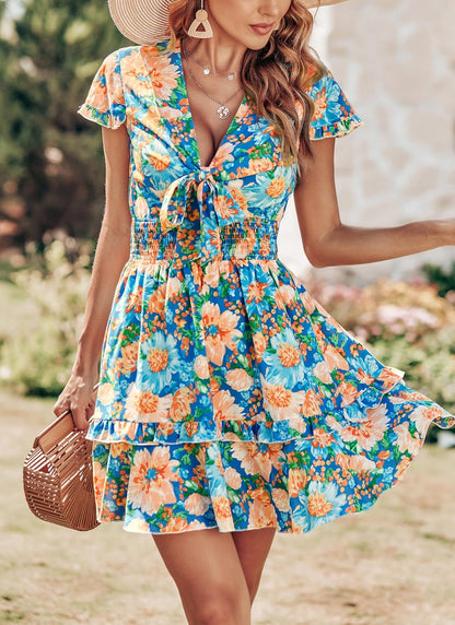 PRETTYGARDEN 2025 Casual Beach Dress – Short Sleeve V-Neck Tiered Mini Dress