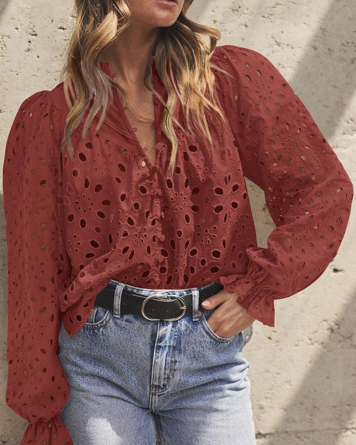 PRETTYGARDEN Casual Lace Blouse – Long Sleeve V-Neck Button-Up Shirt