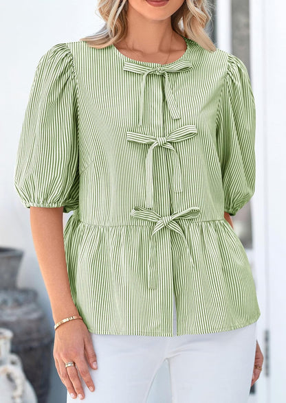 PRETTYGARDEN Tie Front Blouse – Striped Peplum Puff Sleeve Top