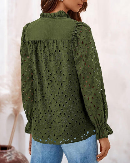 PRETTYGARDEN Casual Lace Blouse – Long Sleeve V-Neck Button-Up Shirt