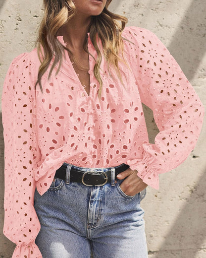 PRETTYGARDEN Casual Lace Blouse – Long Sleeve V-Neck Button-Up Shirt