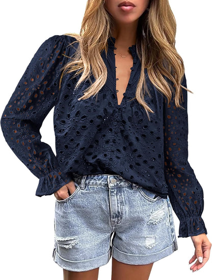 PRETTYGARDEN Casual Lace Blouse – Long Sleeve V-Neck Button-Up Shirt