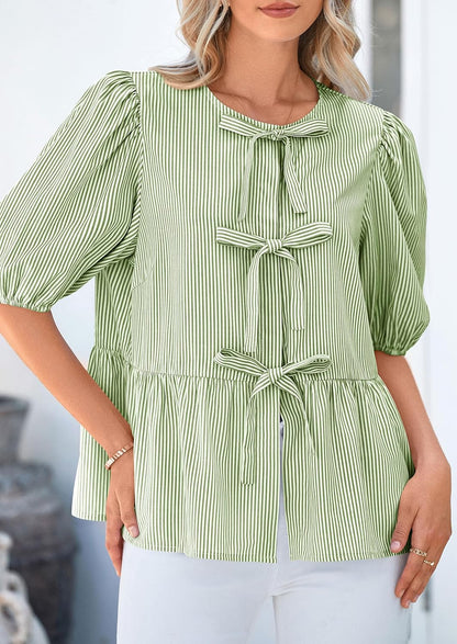 PRETTYGARDEN Tie Front Blouse – Striped Peplum Puff Sleeve Top