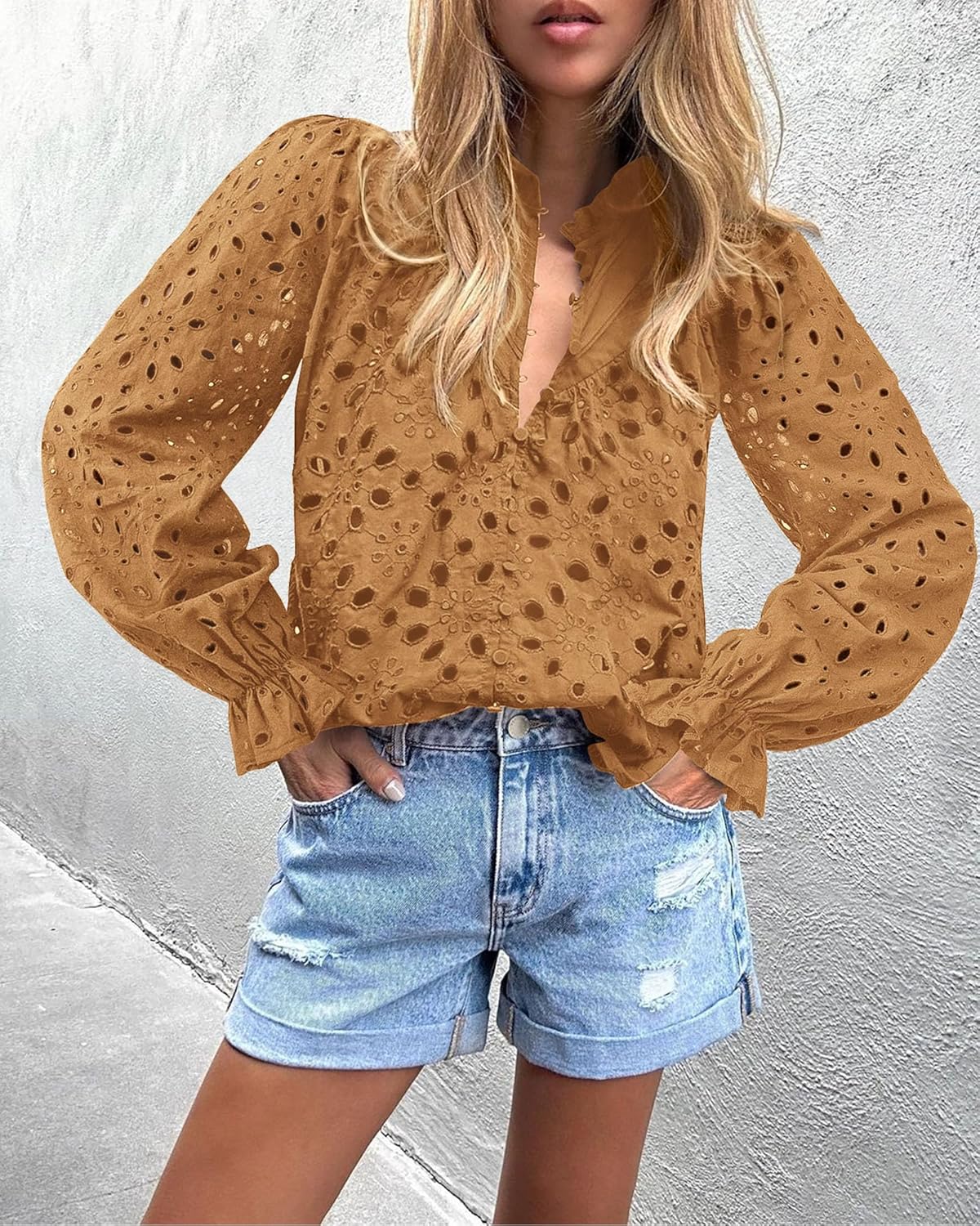 PRETTYGARDEN Casual Lace Blouse – Long Sleeve V-Neck Button-Up Shirt