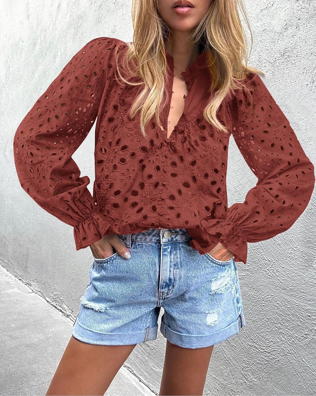 PRETTYGARDEN Casual Lace Blouse – Long Sleeve V-Neck Button-Up Shirt