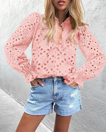 PRETTYGARDEN Casual Lace Blouse – Long Sleeve V-Neck Button-Up Shirt