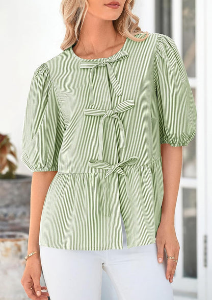 PRETTYGARDEN Tie Front Blouse – Striped Peplum Puff Sleeve Top